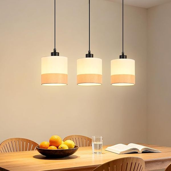 ZMH Pendelleuchte Esszimmer Hängeleuchte Vintage 3 Flammig Stoff Esstischlampe Höhenverstellbar E27 Retro Weiß Für Wohnzimmer Küche