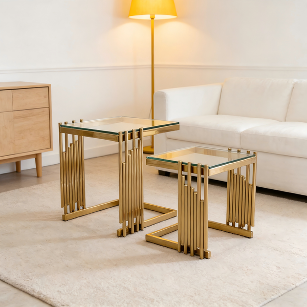 2er-Set Beistelltische quadratisch H 46 x T 41 x B 41 cm ,Gold/Klar, Edelstahl & gehärtetes Glas