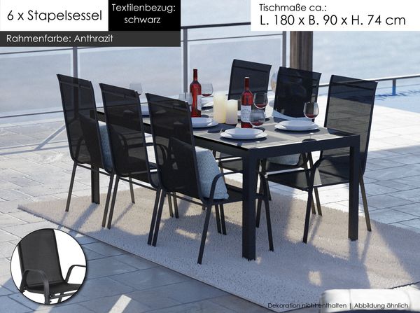 Gartenmöbel Set Alu Tisch 7-tlg. 6x Stapelsessel Essgruppe Gartenset schwarz Sitzgruppe