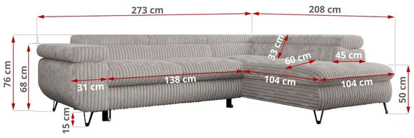 Mks Möbel 'Peter L-form' Ecksofa mit Bettfunktion, Bettkasten & einstellbaren Kopfstützen, Hellgrau, Cord, rechts Bild 7