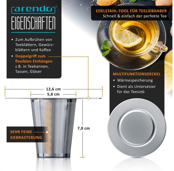 Arendo Teesieb aus Edelstahl, Doppelgriff & Multifunktionsdeckel, für Kannen & Tassen, Edelstahl 304, Teefilter, Kräutersieb für Tee, Gewürze, Kräuter, Teeblätter, Kaffee