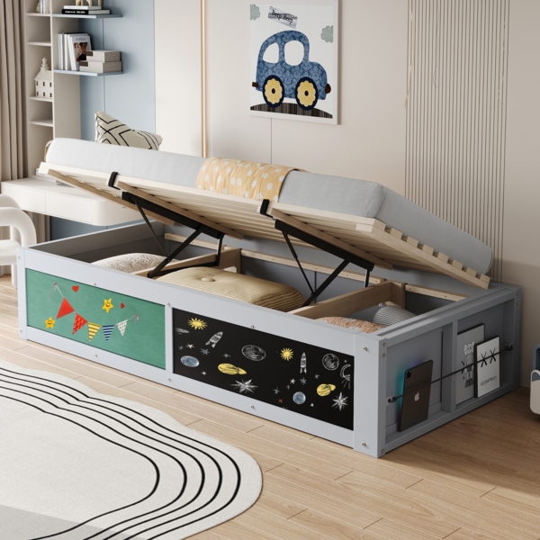 Merax Einzelbett, Kinderbett, Holzbett, 90 × 200 cm, mit hydraulischer Verstellung, mit Tafel und filzbezogener Oberseite. mit Stauraum für Bücher, grau