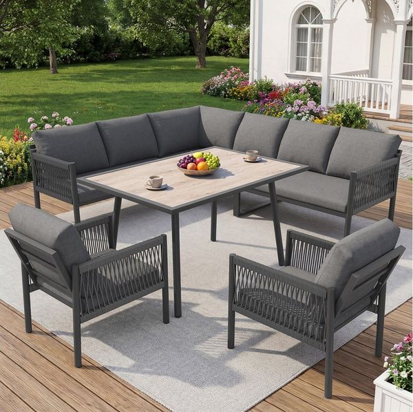 Merax Gartenlounge-Set mit Holzoptik-Glasplatte & handgeflochtenen Gartensofa, (5-tlg), 8-Sitzer Sitzgruppe Gartenmöbel-Set mit 2 Sesseln, 2 Sofa &Tisch
