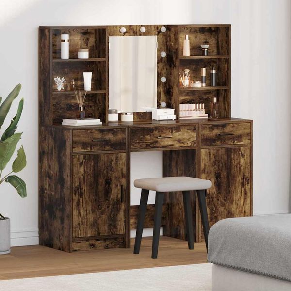 Schminktisch-Set, Kosmetiktisch mit LED 3 pcs Geräucherte Eiche Holzwerkstoff