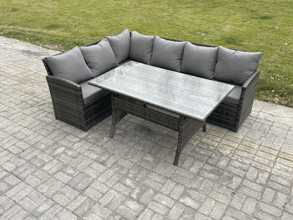 Fimous Outdoor Gartenmöbel-Set Ecksofa Set mit Rechteckiger Esstisch Dunkelgrau gemischt