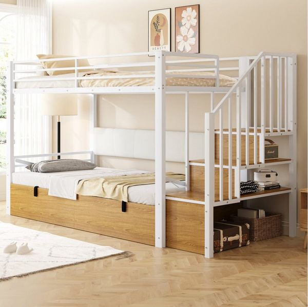 Flieks Etagenbett, Metallbett 90x200cm mit hydraulischem Unterbett und Stauraumtreppe