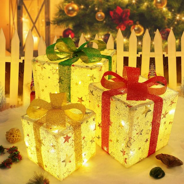 ZMH LED Geschenkbox Weihnachten Deko: 3er Set Personalisierte Geschenke Innen mit Fernbedienung Weihnachtsstern Beleuchtet 50 LEDs Beleuchtung Batterie unter Weihnachtsbaum für Wohnzimmer Garten