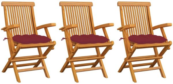 vidaXL Gartenstühle mit Weinroten Kissen 3 Stk. Massivholz Teak 3062538