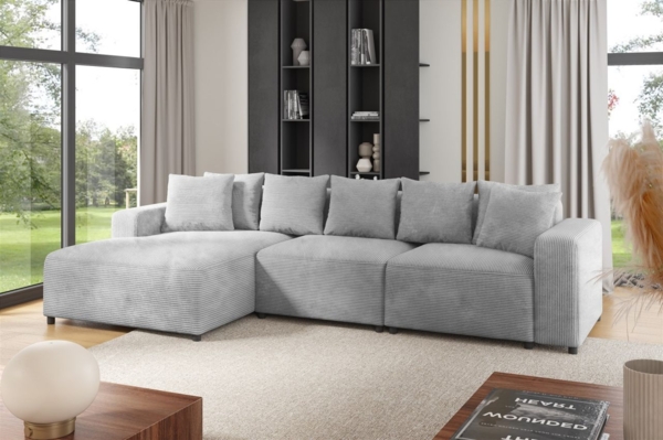 Ecksofa Designersofa Sofa MEGAN in Stoff Poso Hellgrau Ottomane Links