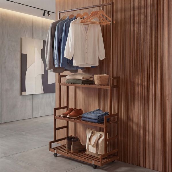 Bambus Standgarderobe HWC-Q33, Garderobenständer Kleiderständer Schuhregal, Stange 3 Ablagen Rollen 175x93x38cm ~ braun