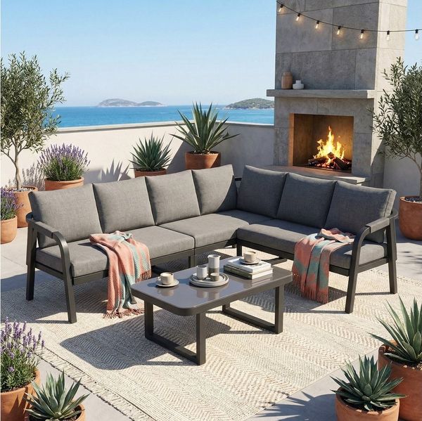 Flieks Gartenlounge-Set, 6-Sitzer Gartenmöbel Ecksofa mit geflochtenen Arm- und Rückenlehnen