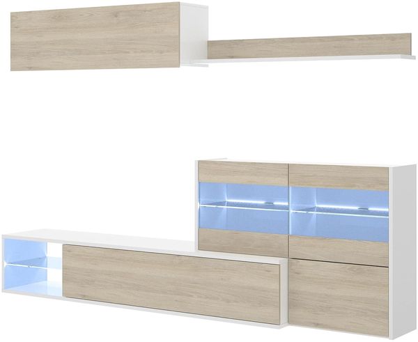 Dmora Agio Wandsystem, Modulares Eck-Wohnzimmerset, Multipositions-Wohnzimmermöbel mit LED-Licht, 260x41h180 cm, Eiche und Glänzendes Weiß
