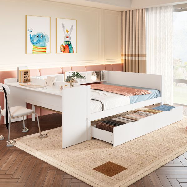 Bett 140x200 cm mit Schreibtisch und Stauraum aus Kiefer und Spanplatte, weiß – platzsparendes Multifunktionsbett