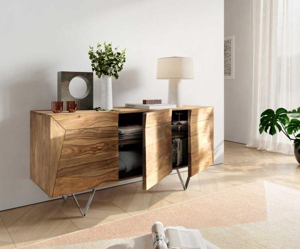 Design-Sideboard Wyatt 150 cm Sheesham Natur 3D Optik oben Edelstahl