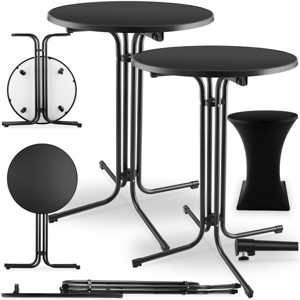 tectake® Gastro 2er Set Stehtisch klappbar, Bistrotisch mit Husse, Tisch Ø80cm, Stehtisch mit MDF-Tischplatte, Gartentisch klappbar, Klapptisch, rund, Stahlgestell, stabil, robust - schwarz, 2er Set