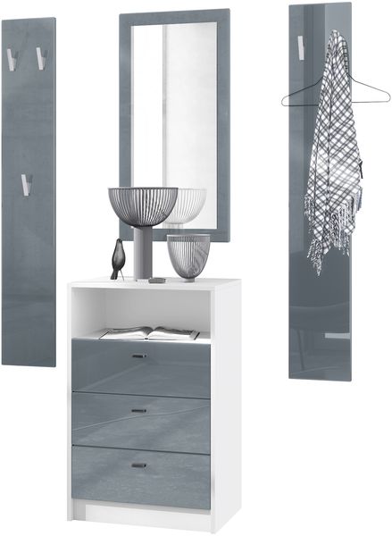 Vladon Garderoben-Set Pino V2, 2 Wandpaneele 140 cm und Anrichte mit 3 Schubladen & 1 offenem Fach, Weiß matt/Grau Hochglanz (56 x 86,5 x 36 cm)