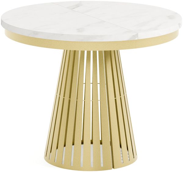 MEBLINI Esstisch Rund Ausziehbar aus Metall - 100-176x76 cm - CONEY - Weiß Marmor/Golden - Loft - Esszimmertisch Modern - Küchentisch - Ausziehtisch - Round Dining Table