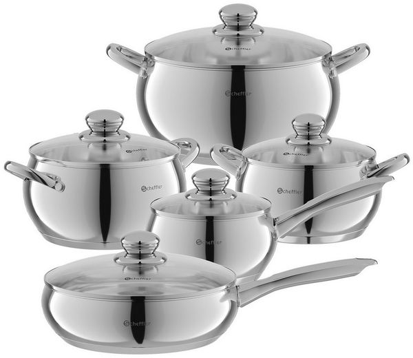Scheffler Topf-Set 10tlg Edelstahl Topfsets für alle Herdarten, Edelstahl (3,38/2,0/2,8/4,0/6,7 Liter, für alle Herdarten), Induktion, robust und hochwertig