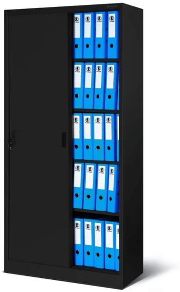 Aktenschrank abschließbar KUBA - Schiebetüren, 5 Ebenen | Büroschrank aus Stahl Metallschrank Werkstatt Mehrzweckschrank Werkzeugschrank, 185x90x40cm Schwarz