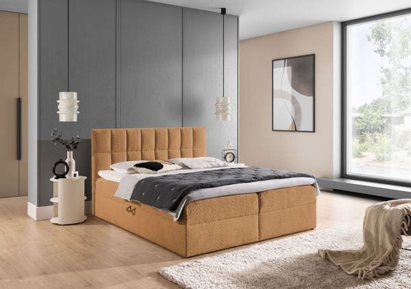 Boxspringbett Schlafzimmerbett DOMINGA PREMIUM 200x220cm Stoff Coral Apricot