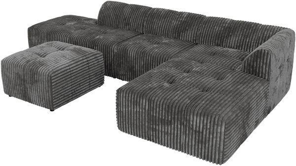 Modulares Ecksofa mit Hocker GRIDA 4M L Wohnlandschaft, Wellenfedern, gesteppte Sitzfläche, Wohnzimmer Sofa L-form - Grau Cord - Rechts Bild 6