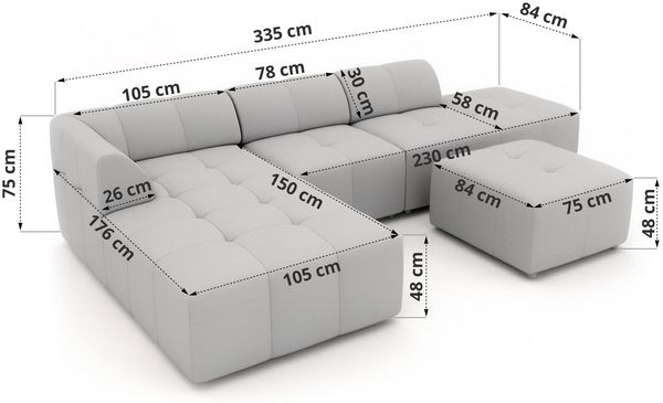 Modulares Ecksofa mit Hocker GRIDA 4M L Wohnlandschaft, Wellenfedern, gesteppte Sitzfläche, Wohnzimmer Sofa L-form - Grau Cord - Rechts Bild 4