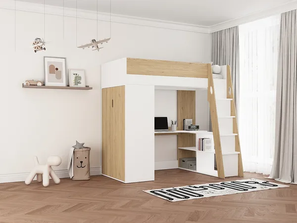 Vente-unique - ARMONESA Bett Holz, Platte BeigeWeiß - B 137 cm x H 188 cm x L 196 cm