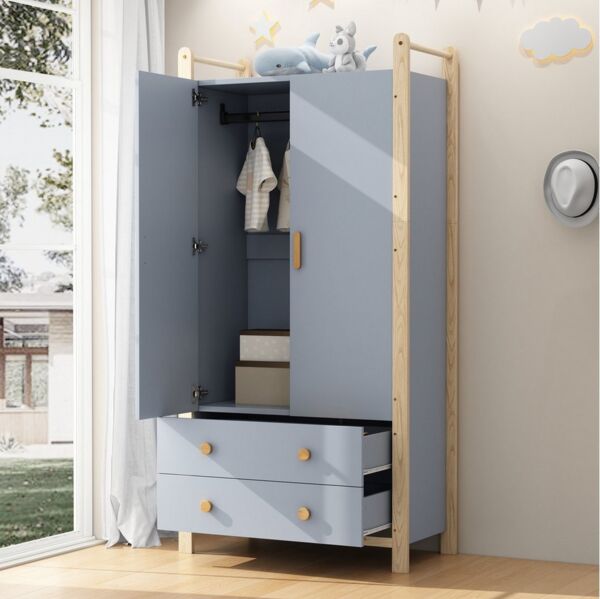 REDOM Kleiderschrank 2-türiger Schrank mit Kiefernholzrahmen (Flurgarderobe, Highboard, 1-St, mit Kleiderstange, 2 Schubladen) 2-türiger Lagerschrank