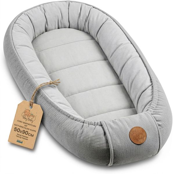 Babynest Nestchen Baby aus Cordstoff - Babynestchen Neugeborene Nest für Kinder Bett und Babybett tragbar Kuschelnest Coccon für Jungen und Mädchen Hellgrau Cordstoff