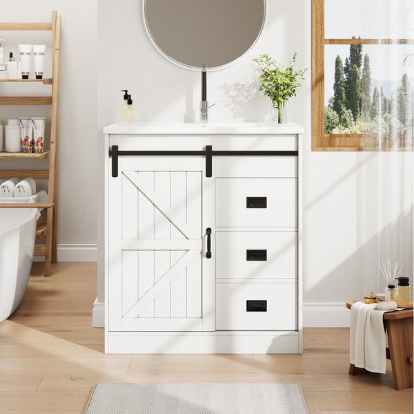 STILVORA Badkommode mit Scheunentor-Design Waschtischunterschrank mit Keramikwaschbecken (Badezimmerschrank mit Schubladen & Schrank, als Stauraumlösung oder als stilvolles Highlight), moderner Badmöbel für Badezimmer