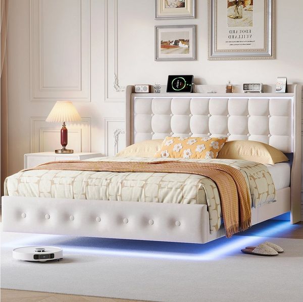 ADWOLT Polsterbett Doppelbett Schwebebett Mit LED-Licht und USB+Typ-C Anschluss (Packung, 1-tlg, Jugendbett), 140x200 cm, Versteckte Bettbeine, Samtstoff - Weiß