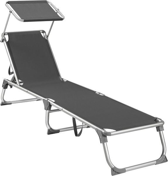SONGMICS Sonnenliege, klappbarer Liegestuhl, 193 x 55 x 31 cm, max. Belastbarkeit 150 kg, mit Sonnenschutz, Rauchgrau