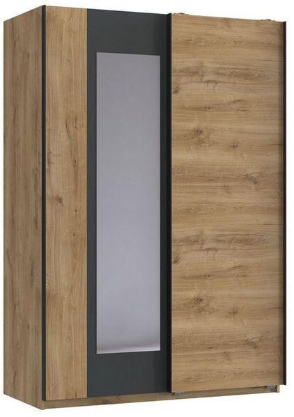 Jugendzimmer Texel in Plankeneiche und Grafit Kinderzimmer Komplett Set - in verschiedenen Varianten wählbar - 7 teilig , Schwebetürenschrank + 140er Jugendbett + Nachttisch + Kommode + Schreibtisch + Rollcontainer + Wandregal , 140 x 200 cm