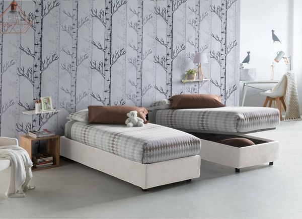Dmora Einzelbett Agenta, Bettkasten mit Stoffbezug, 100 % Made in Italy, Öffnung vorne, inklusive Matratze 80x190 cm, Weiß