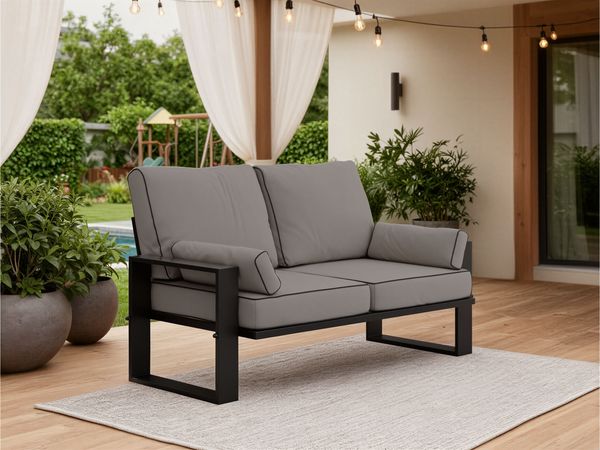 Outdoor 2-Sitzer Gartensofa, schwarze Metallbeine, Gartensofa für die Terrasse - ELBA S2 - grau
