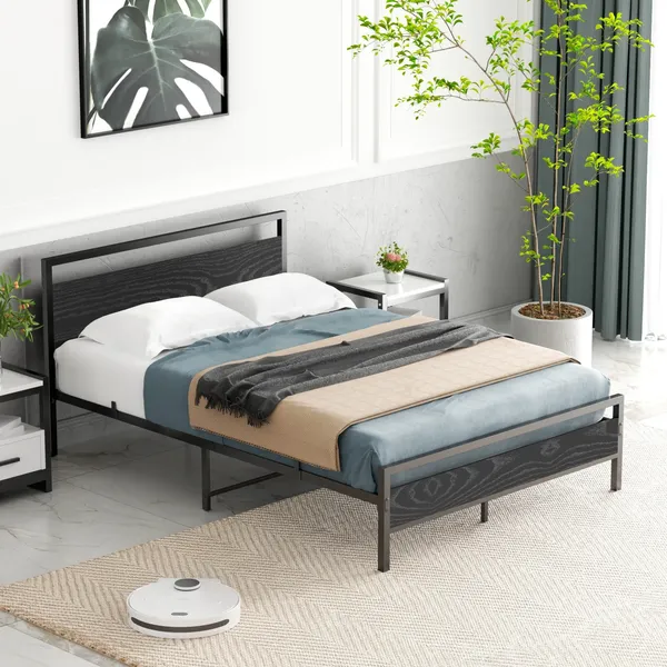 Doppelbett aus Stahl mit MDF-Kopfteil, ohne Matratze, 140x200 cm, Schwarz