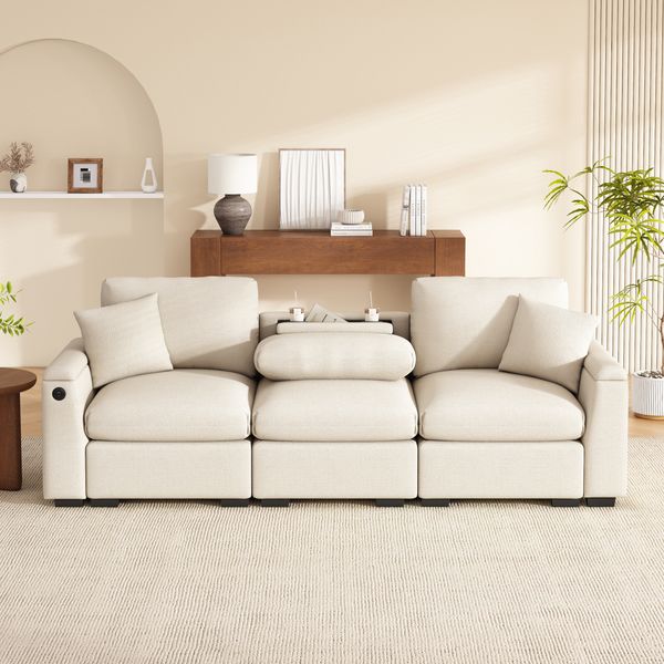 Modernes Dreisitzer-Sofa aus Chenille, Stoffsofa mit Kissen, Klapptisch und USB-Anschluss, Getränkehalter und Stauraum, ein multifunktionales Sofa, Beige