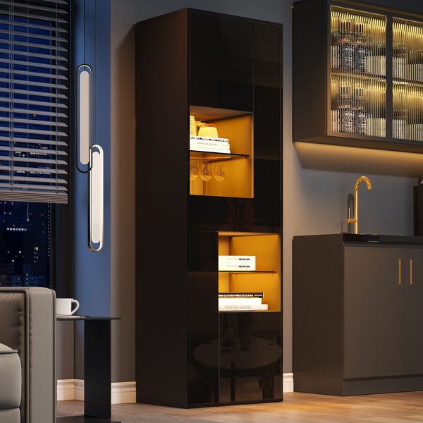 Freistehende Schwarz Vitrine mit LED-Licht, 1 Schublade, 4 Schränke, 11 Ablageflächen,Hochglanzfront, Anti-Kipp-Design