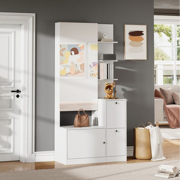 Merax Garderoben-Set Schmaler Flurschrank mit Spiegel & Schuhaufbewahrung, (1-St), Möbelset Kompaktgarderobe mit 2 Türen und 5 Ablageflächen, 85 x 40 x 180 cm