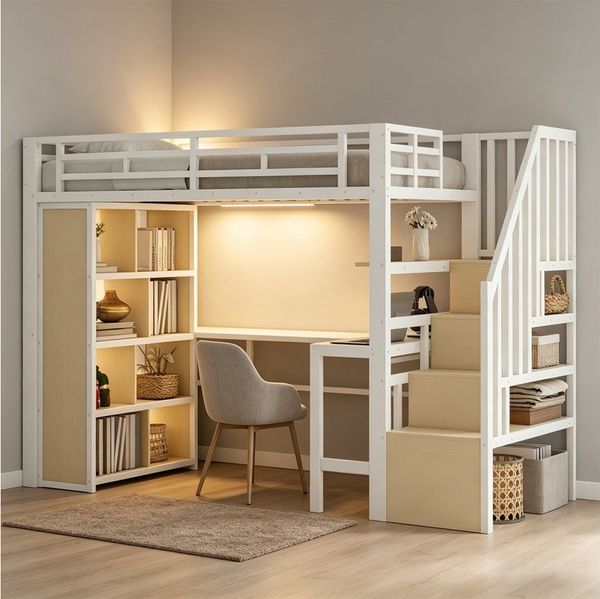 REDOM Hochbett mit robustem Eisenrahmen, LED-Beleuchtung (mit Schreibtisch, Ablage und Treppenregalen, Funktionsbett Metallbett, 90x200 cm) ohne Matratze