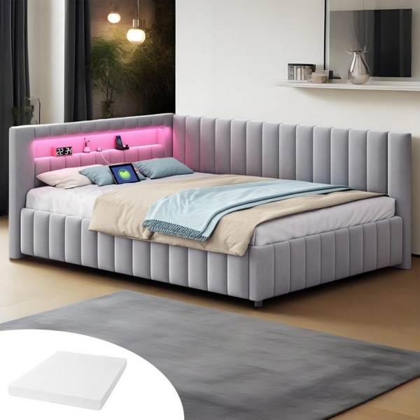 REDOM Schlafsofa Polsterbett,Funktionsbett,Jugendbett, 140x200 mit LED & USB, L-förmiges Design für Wohnzimmer & Schlafzimmer, Samtstoff mit stabilem Lattenrost & Kopfteil, Mit Matratze