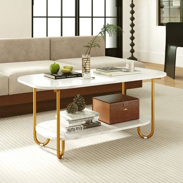 COSTWAY Couchtisch, Gold, Marmor, mit Metallgestell&Stauaraum, 100x50x45cm