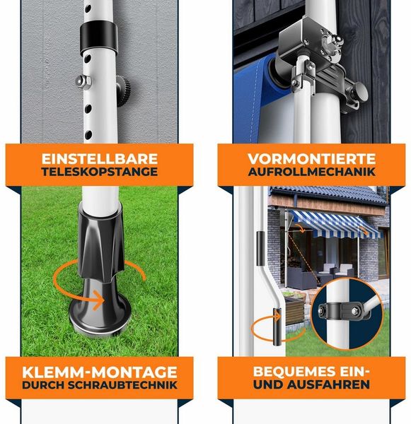 KESSER® Klemmmarkise mit Handkurbel & LED Lichterkette | Balkonmarkise ohne Bohren | Markise UV-beständig höhenverstellbar & wasserabweisend | Sonnenschutz für Balkon Terrasse & Garten 300cm, Blau / Weiß Bild 3