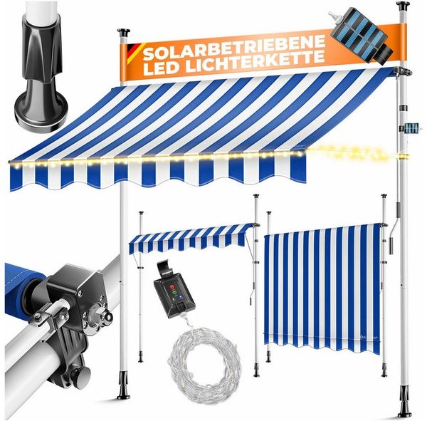KESSER® Klemmmarkise mit Handkurbel & LED Lichterkette | Balkonmarkise ohne Bohren | Markise UV-beständig höhenverstellbar & wasserabweisend | Sonnenschutz für Balkon Terrasse & Garten 300cm, Blau / Weiß