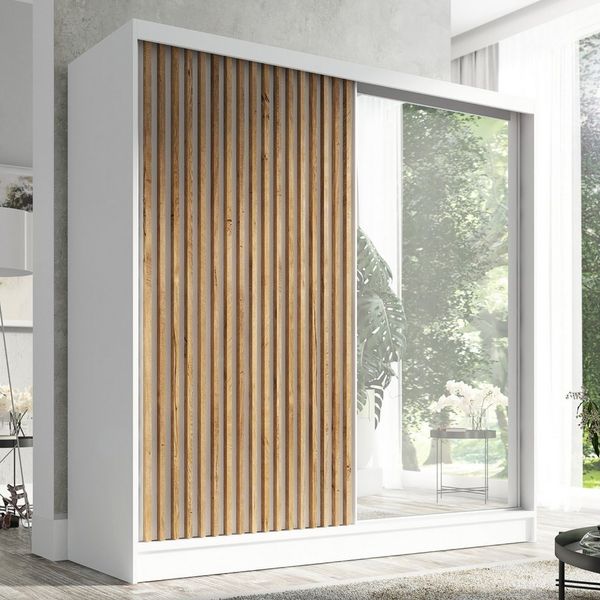 A&J MöbelLand GmbH Schiebetürenschrank LUNO 2-türiger Kleiderschrank mit Spiegel, Lamellen. (TOP ANGEBOT! Geräumiger Schrank mit einer Breite von 200 cm und Spiegel, ideal zur Aufbewahrung von Kleidung und Accessoires. TOP PRODUKT! Wählen Sie das ideal...