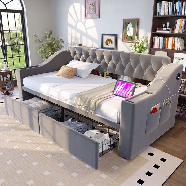 Polsterbett Schlafsofa 90*190 cm, Breitere und Dickere Armlehnen mit USB-Ladeanschluss, Integrierte Ablage in den Armlehnen, Mit Ablagetaschen, Mit Aufbewahrungsschublade, Samtstoff, Hellgrau