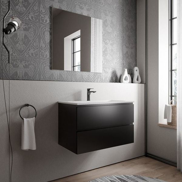 Bernstein Waschbeckenunterschrank AVA Schwarz matt 80cm Waschbecken Weiß matt mit Hahnloch Waschtischunterschrank mit Mineralguss-Waschbecken 2 Schubladen