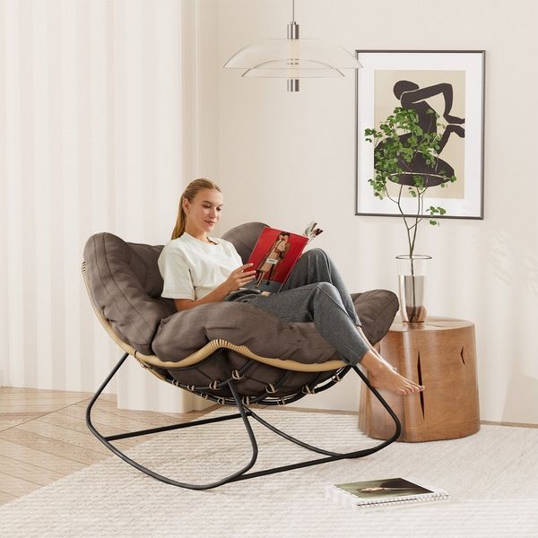 TWSOUL Schaukelsessel mit gepolstertem Kissen, Rattanstuhl Stahlrahmen Loungesessel, B93cm x T59cm x H76cm Bis 170kg Balkon Garten Wohnzimmer Schlafzimmer
