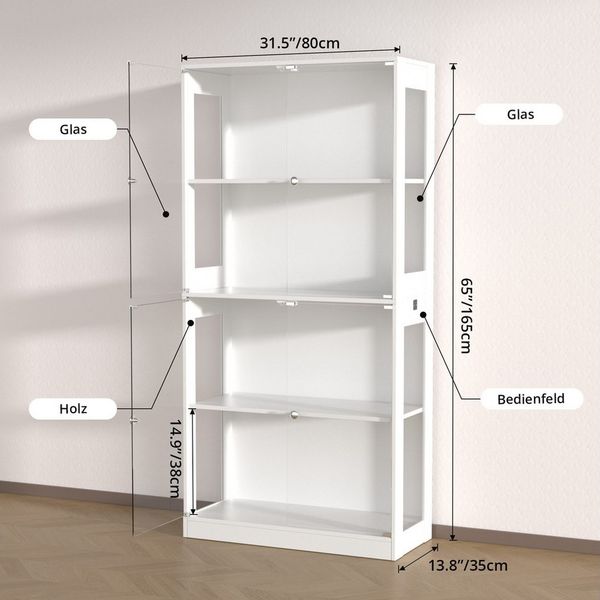VOWNER Glasvitrine mit 3-Farben-LED-Beleuchtung, Vitrine für Spielzeug/Bücher/Deko (1-St) 360°-Sicht, Explosionssichere Tür, 4 Regale, 80x165x35 cm