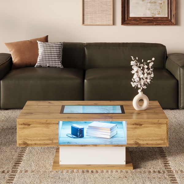 Couchtisch mit Glasplatte, 2 Schubladen & LED-Beleuchtung, 110,2x60x39,7 cm, Natur/Weiß
